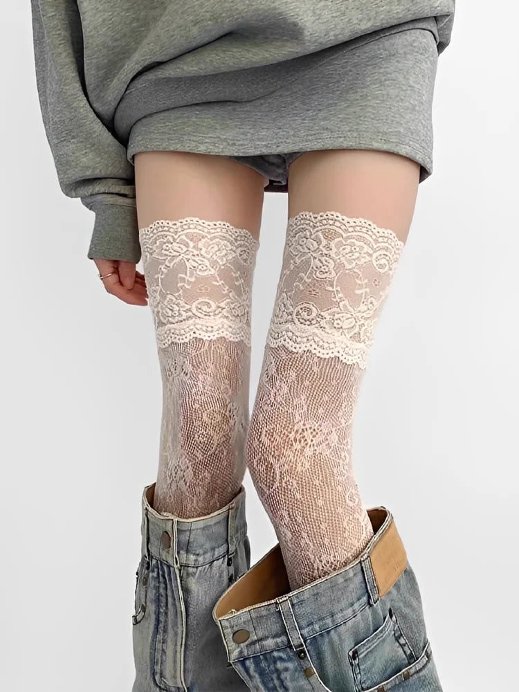 Women'S Sexy Lace Floral Fishnet Stockings Costumes Jk Lolita Thigh High Socks Nylon Mesh Breathable Over The Knee Trim Long