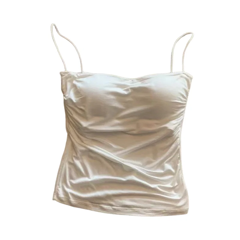 Women'S Sleeveless Pleated Slim Fit Vest Sexy Hot Girl Short Top With Waist Thin Shoulder Straps Solid Color Simple Fashion