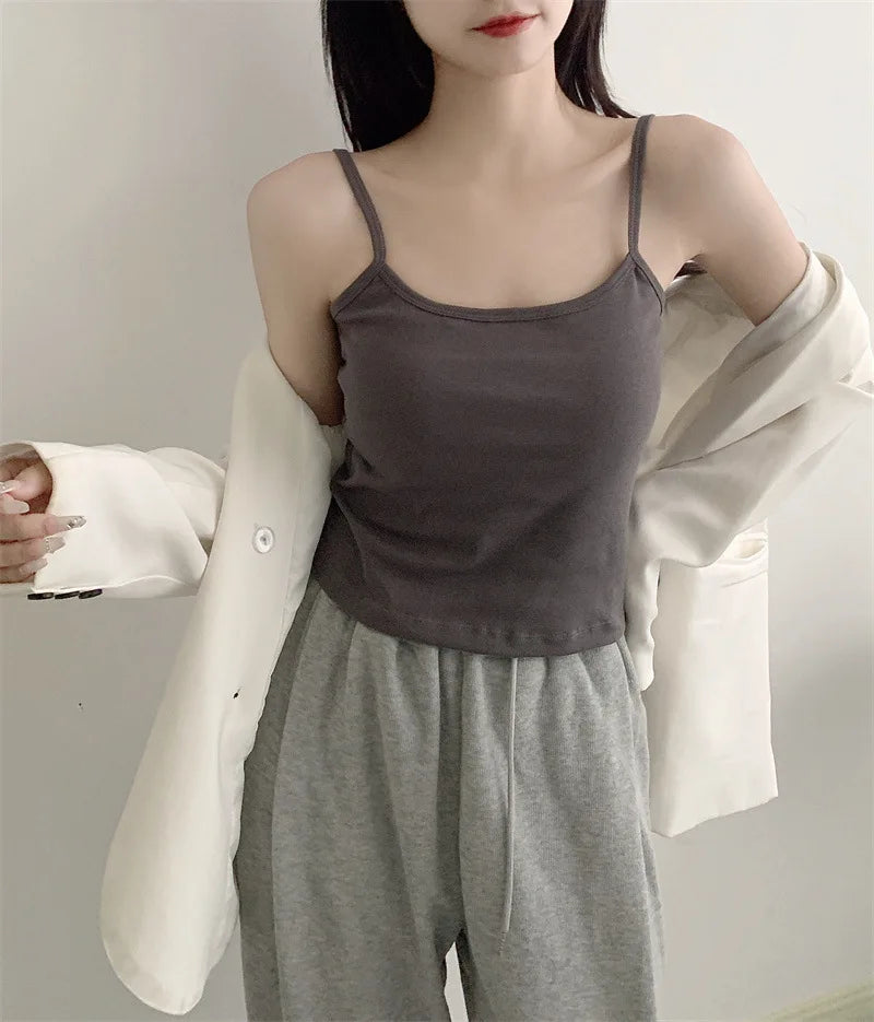 1PC Korean Women's Solid Color Spaghetti Straps Sleeveless Slim Camisole With Chest Pad
