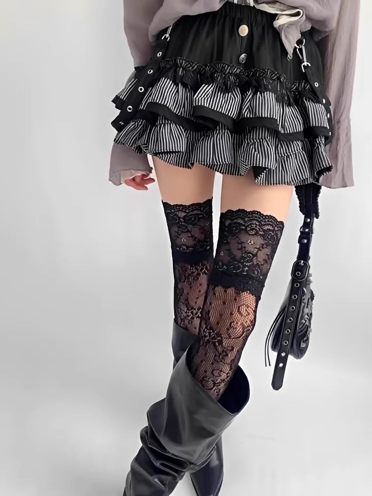 Women'S Sexy Lace Floral Fishnet Stockings Costumes Jk Lolita Thigh High Socks Nylon Mesh Breathable Over The Knee Trim Long