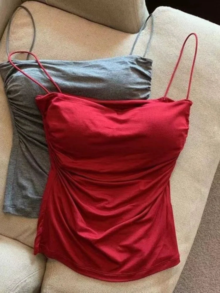 Women'S Sleeveless Pleated Slim Fit Vest Sexy Hot Girl Short Top With Waist Thin Shoulder Straps Solid Color Simple Fashion