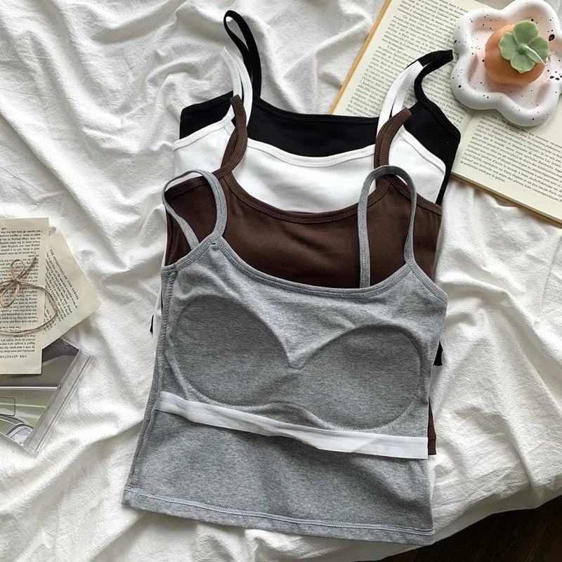 1PC Korean Women's Solid Color Spaghetti Straps Sleeveless Slim Camisole With Chest Pad
