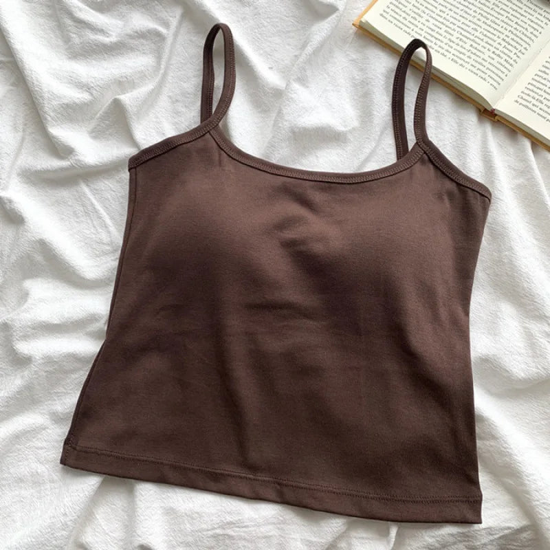 1PC Korean Women's Solid Color Spaghetti Straps Sleeveless Slim Camisole With Chest Pad