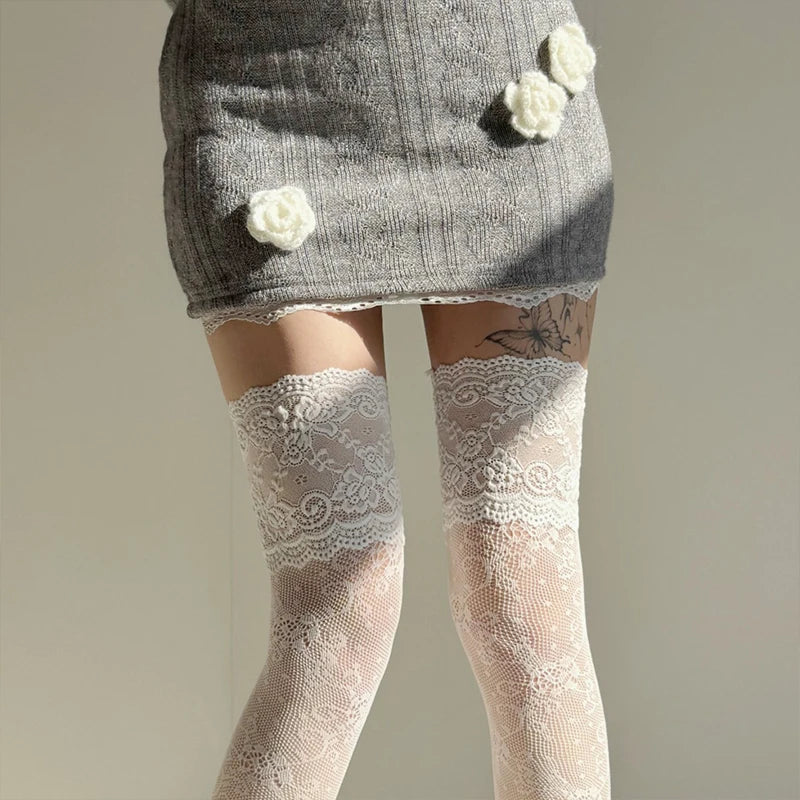 Women'S Sexy Lace Floral Fishnet Stockings Costumes Jk Lolita Thigh High Socks Nylon Mesh Breathable Over The Knee Trim Long