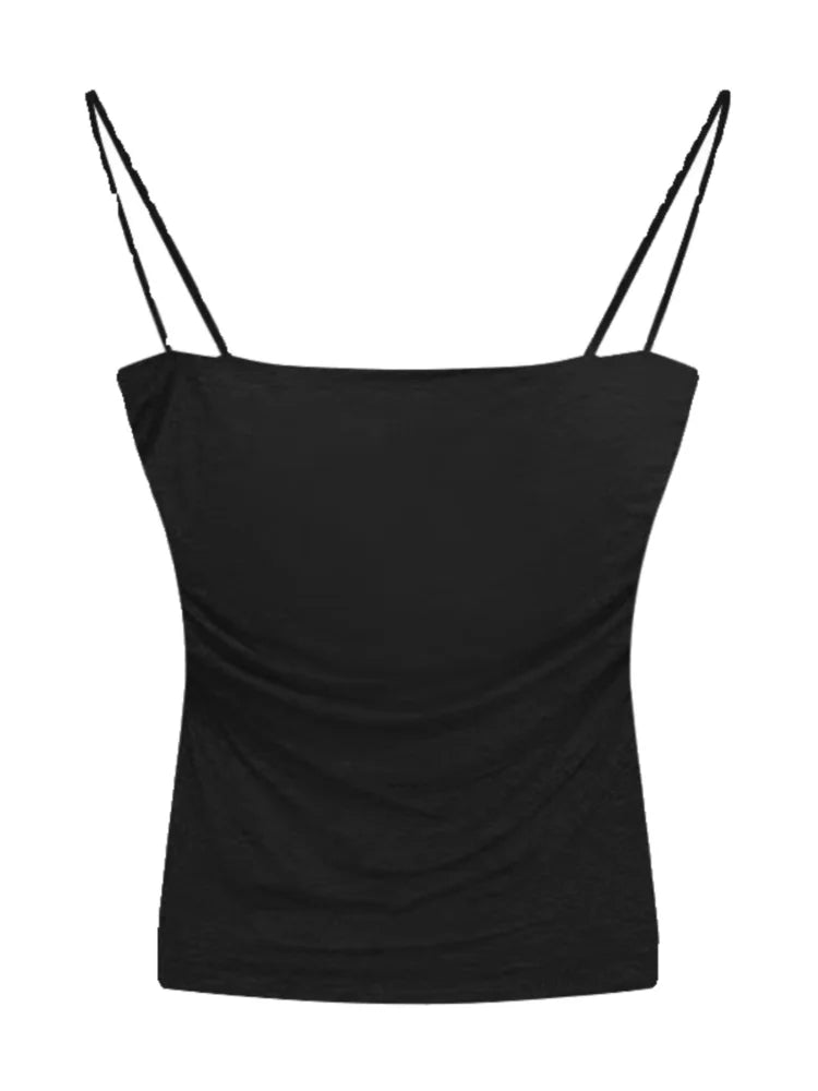 Women'S Sleeveless Pleated Slim Fit Vest Sexy Hot Girl Short Top With Waist Thin Shoulder Straps Solid Color Simple Fashion