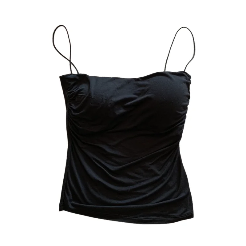 Women'S Sleeveless Pleated Slim Fit Vest Sexy Hot Girl Short Top With Waist Thin Shoulder Straps Solid Color Simple Fashion