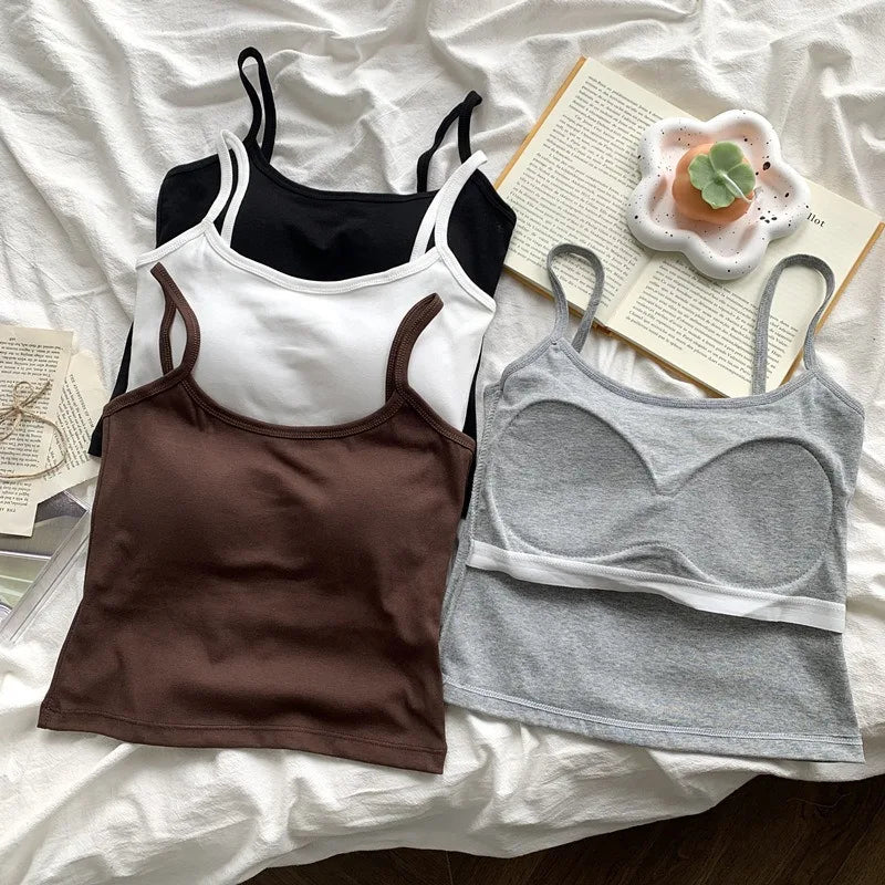 1PC Korean Women's Solid Color Spaghetti Straps Sleeveless Slim Camisole With Chest Pad