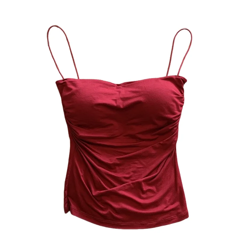 Women'S Sleeveless Pleated Slim Fit Vest Sexy Hot Girl Short Top With Waist Thin Shoulder Straps Solid Color Simple Fashion