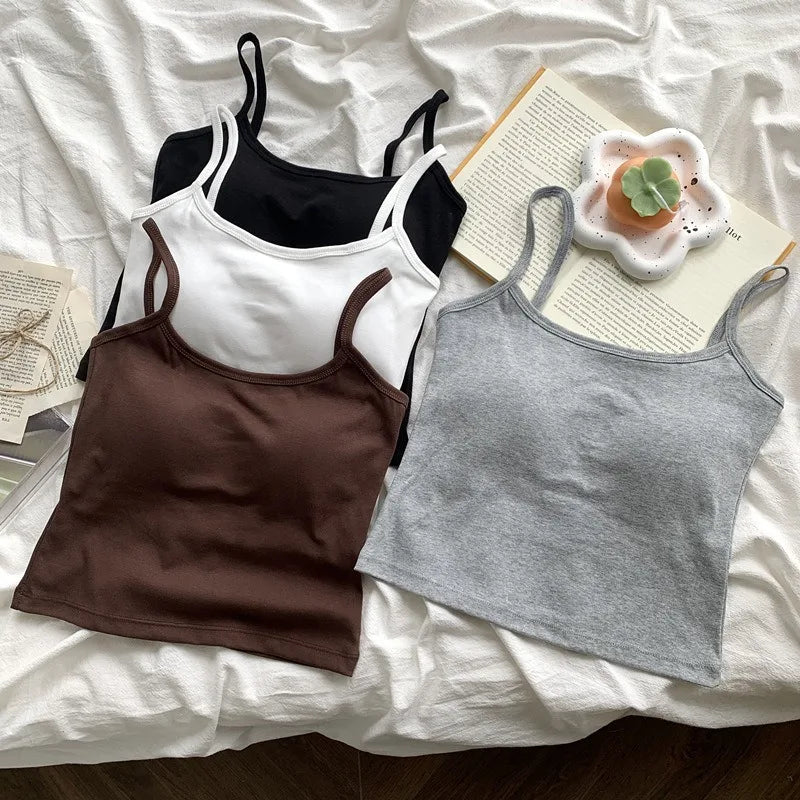 1PC Korean Women's Solid Color Spaghetti Straps Sleeveless Slim Camisole With Chest Pad