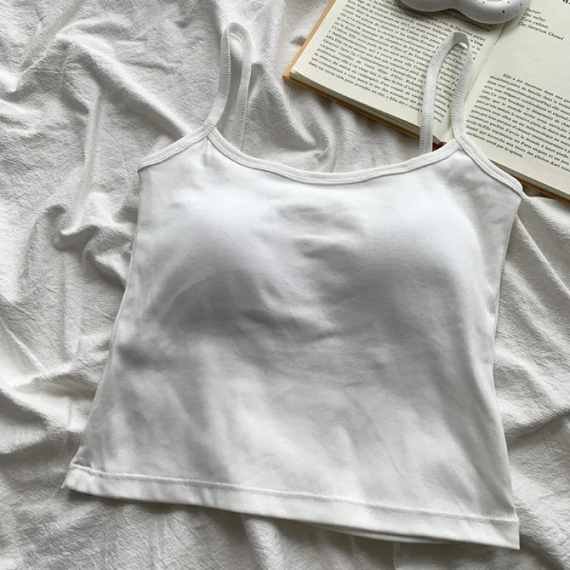 1PC Korean Women's Solid Color Spaghetti Straps Sleeveless Slim Camisole With Chest Pad