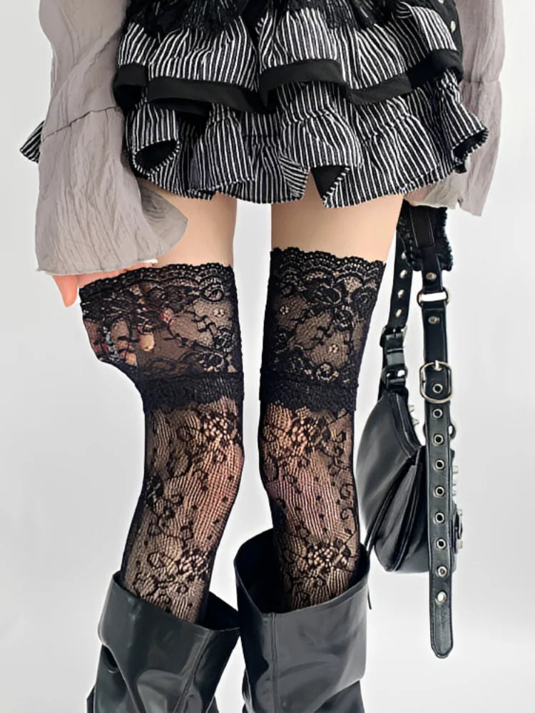 Women'S Sexy Lace Floral Fishnet Stockings Costumes Jk Lolita Thigh High Socks Nylon Mesh Breathable Over The Knee Trim Long