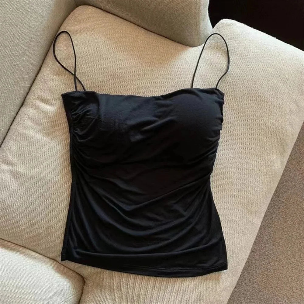 1 Pc Stylish Waist Pleated Corset - Soft support fixed chest pad sleeveless vest Sexy short top with thin straps Solid color