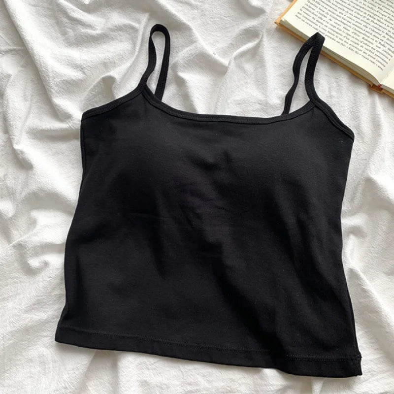 1PC Korean Women's Solid Color Spaghetti Straps Sleeveless Slim Camisole With Chest Pad