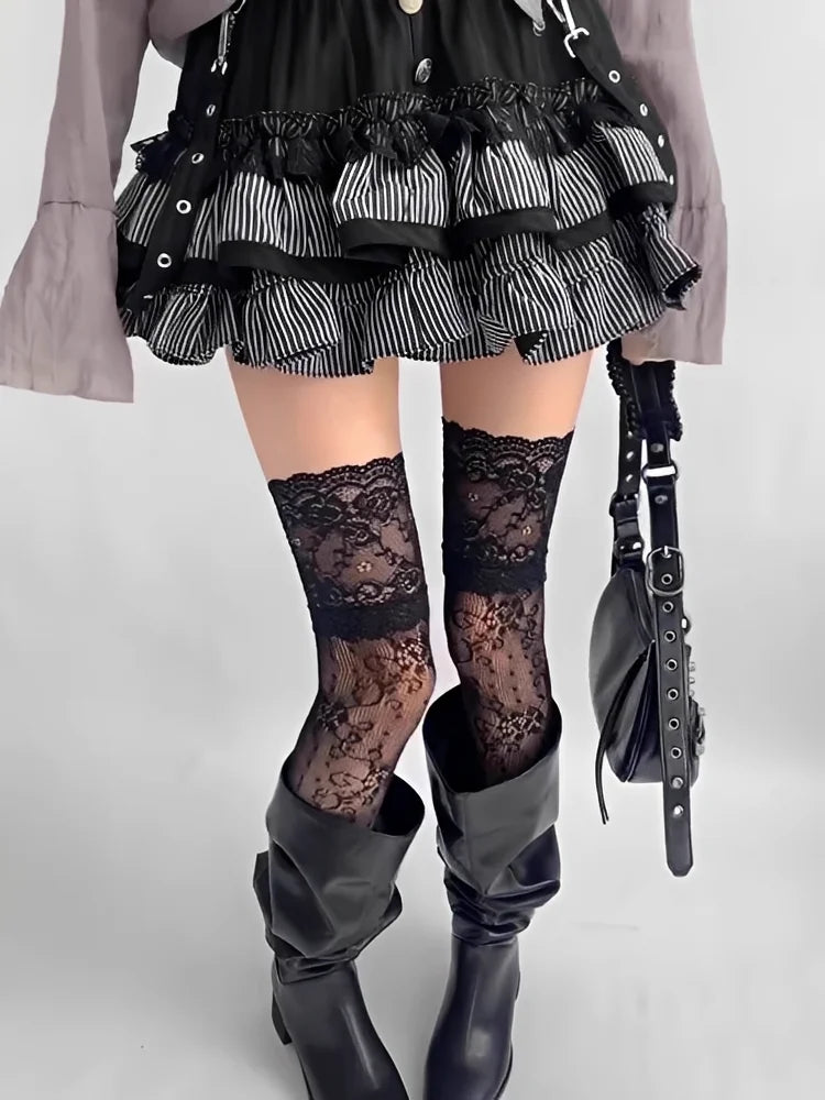 Women'S Sexy Lace Floral Fishnet Stockings Costumes Jk Lolita Thigh High Socks Nylon Mesh Breathable Over The Knee Trim Long