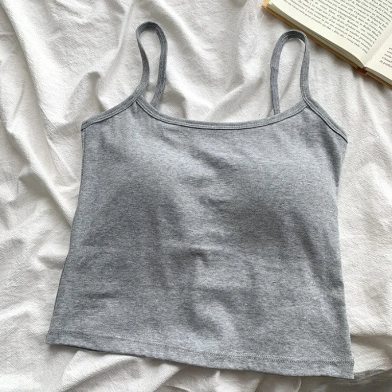 1PC Korean Women's Solid Color Spaghetti Straps Sleeveless Slim Camisole With Chest Pad