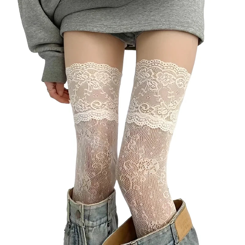 Women'S Sexy Lace Floral Fishnet Stockings Costumes Jk Lolita Thigh High Socks Nylon Mesh Breathable Over The Knee Trim Long