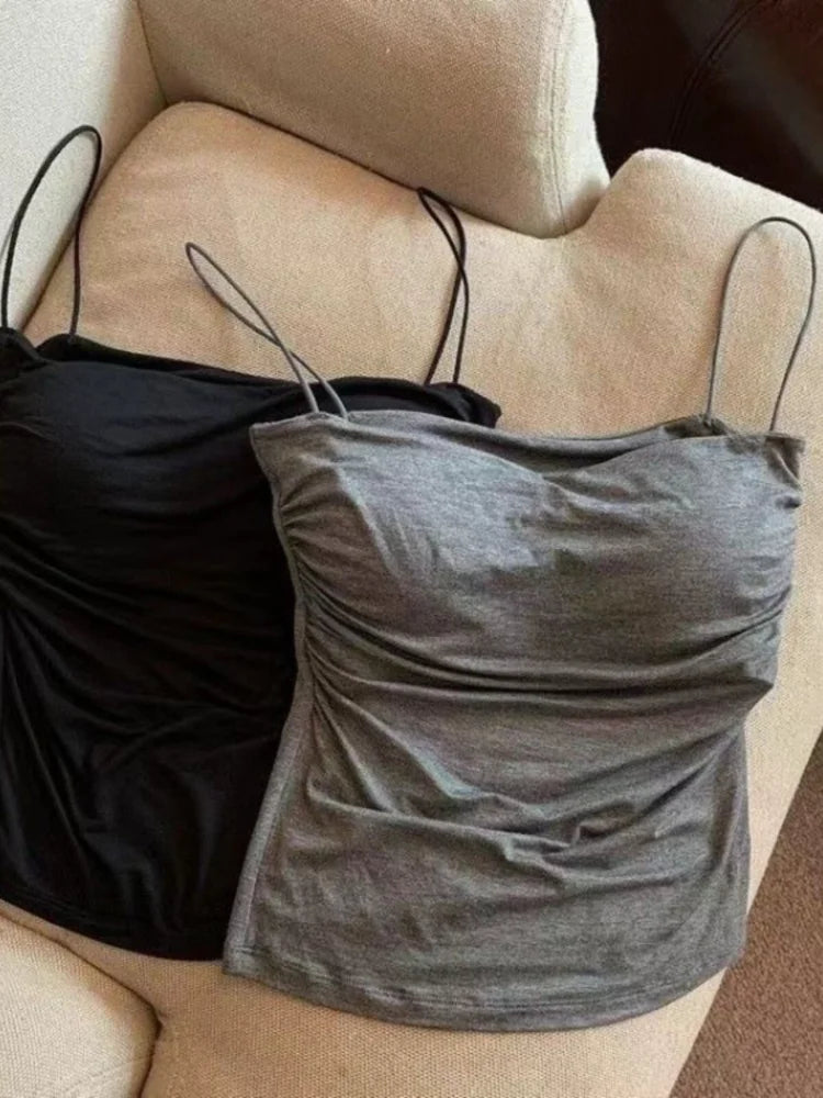 Women'S Sleeveless Pleated Slim Fit Vest Sexy Hot Girl Short Top With Waist Thin Shoulder Straps Solid Color Simple Fashion