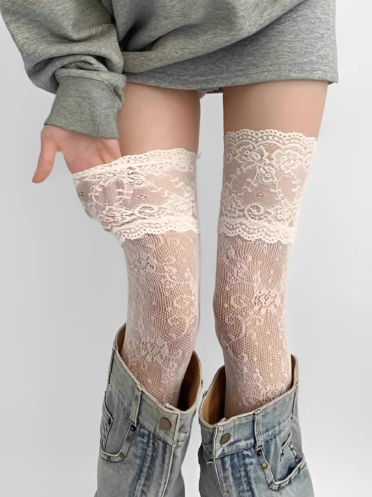 Women'S Sexy Lace Floral Fishnet Stockings Costumes Jk Lolita Thigh High Socks Nylon Mesh Breathable Over The Knee Trim Long